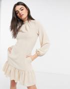 Closet London High Neck Volume Sleeve Mini Dress With Frill Hem In Cream-white