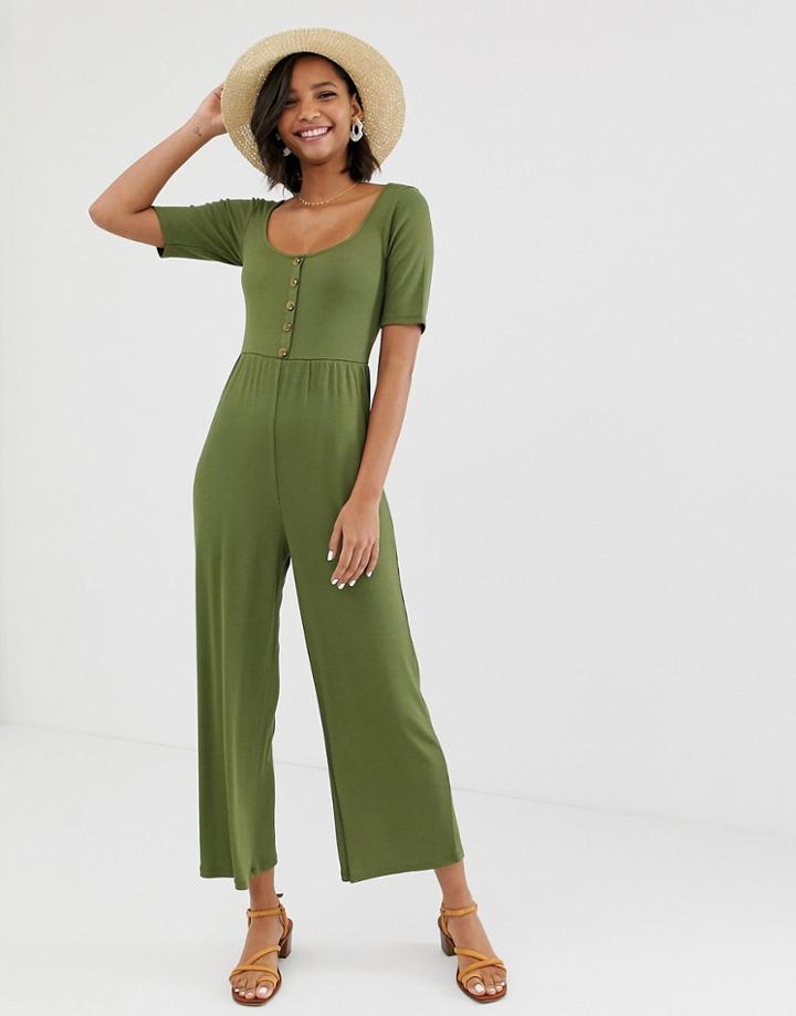 Asos Design Short Sleeve Rib Button Front Jumpsuit - Green