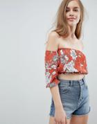 Pull & Bear Leaf Print Detail Off The Shoulder Top In Rust - Red