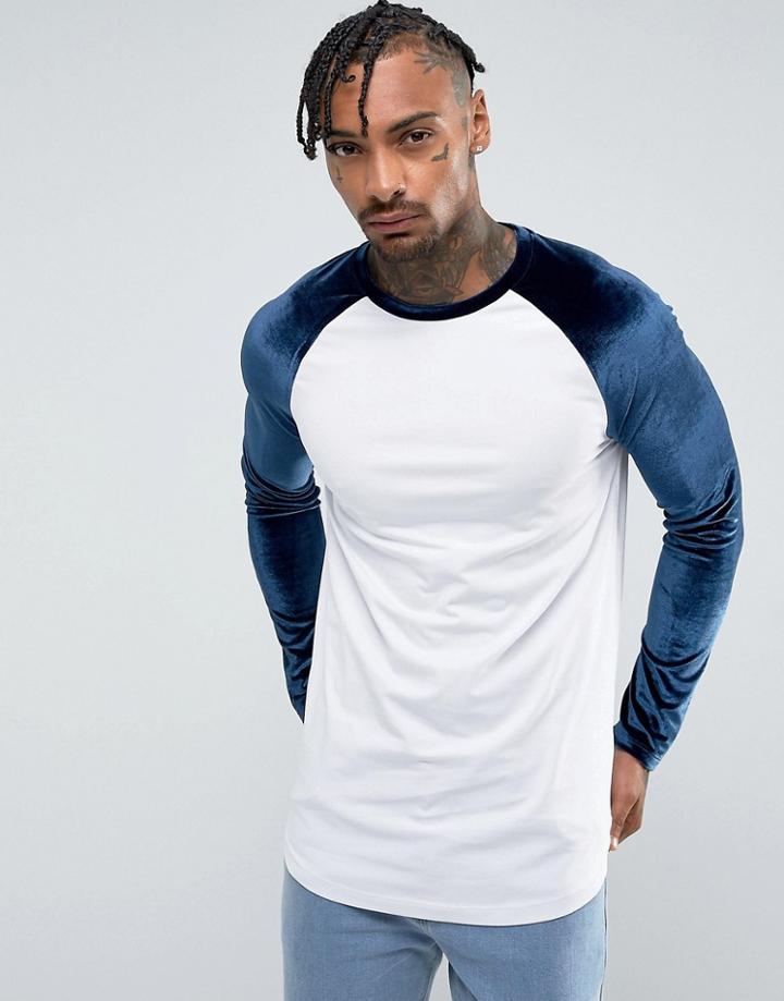 Asos Longline Muscle Long Sleeve T-shirt With Velour Sleeves And Curve Hem - White