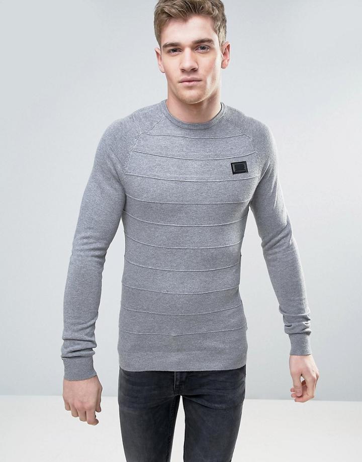 Born Rich Knitted Sweater With Raised Ribbed Stripe - Gray
