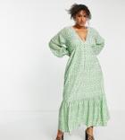 Asos Design Curve Button Through Metallic Maxi Tea Dress In Green-multi