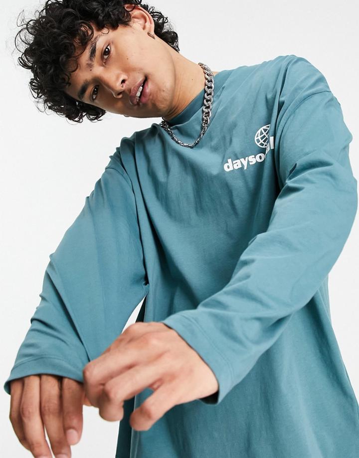 Asos Daysocial Oversized Long Sleeve T-shirt In Teal With White Small Chest Logo Print-blues