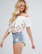 Bershka Embroidered Off The Shoulder Top - White
