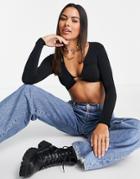 Pull & Bear Long Sleeved Cut Out Halterneck Top In Black