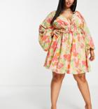 Asos Design Curve Soft Shirred Waist Open Back Mini Dress In Peach Floral-multi
