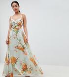 Asos Design Petite Maxi Dress With Side Cut Out In Green Floral Print - Multi