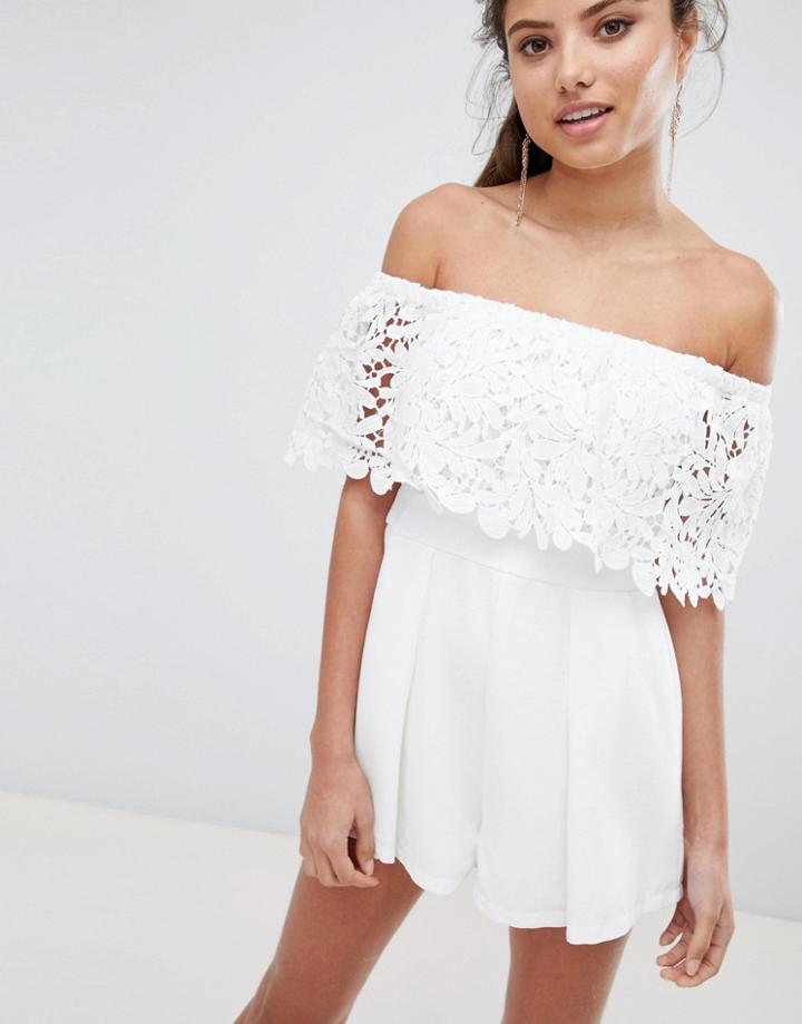 Love Triangle Bardot Lace Romper - White
