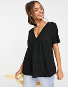 Asos Design Smock Top In Rib With V Neck In Black-white