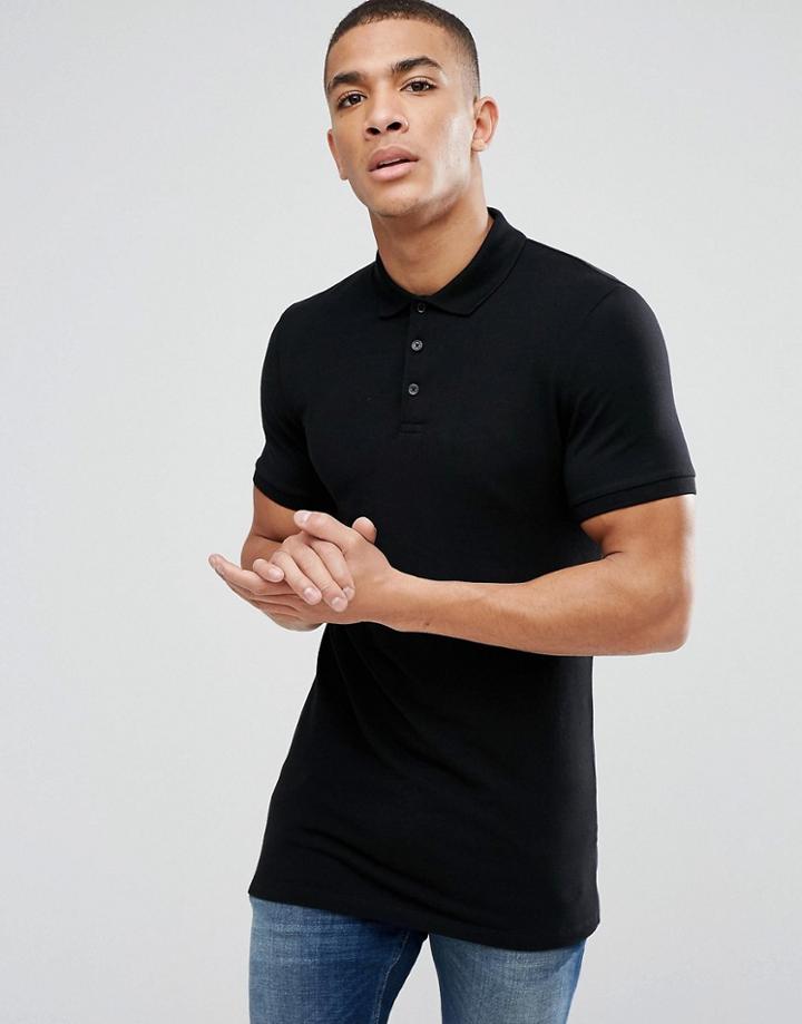 Asos Longline Muscle Polo In Jersey In Black - Black