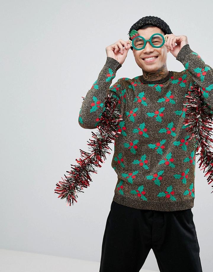 Asos Holidays Sweater With Holly In Lurex - Multi