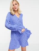 In The Style X Billie Faiers Button Detail Mini Smock Dress In Blue Floral Print-multi