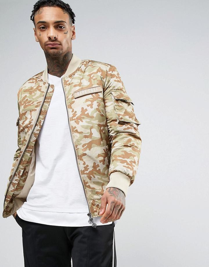 Dxpe Chef Bomber Jacket In Camo With Military Patches - Beige