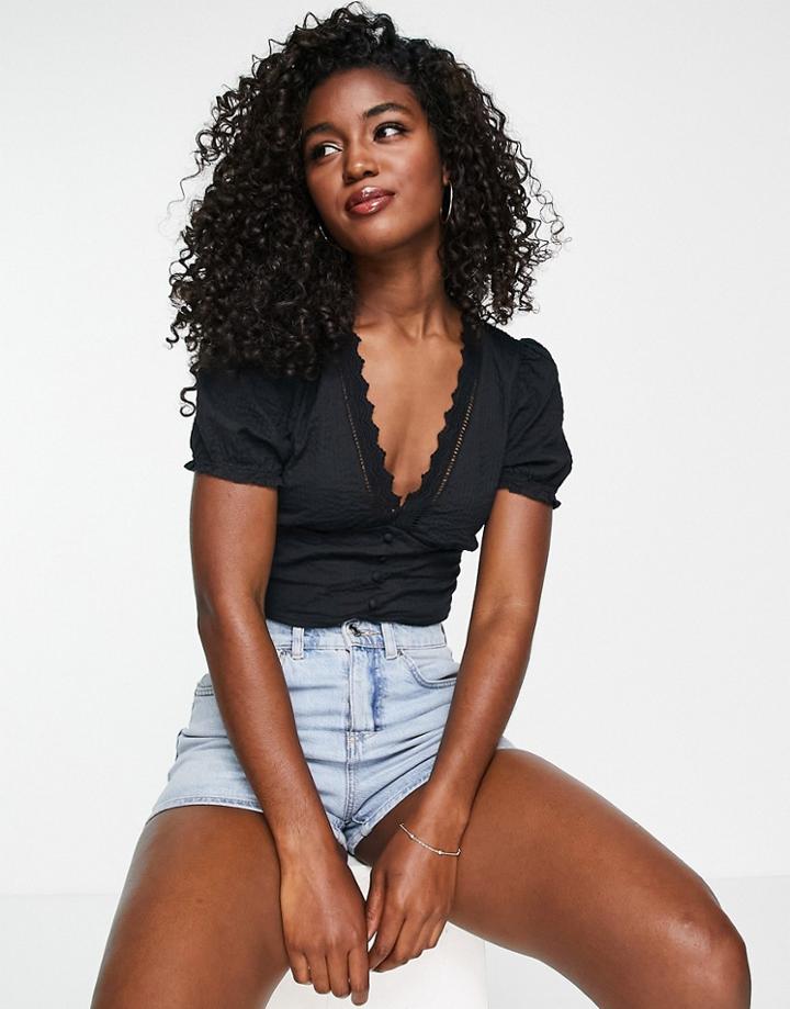 Stradivarius Seersucker Romantic Top With Lace Trim In Black