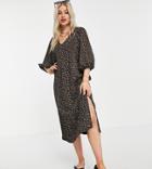 Asos Design Petite Textured Midi Smock Dress With V-neck In Dark Floral-black