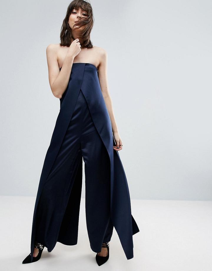 Asos White Satin Bandeau Jumpsuit - Navy