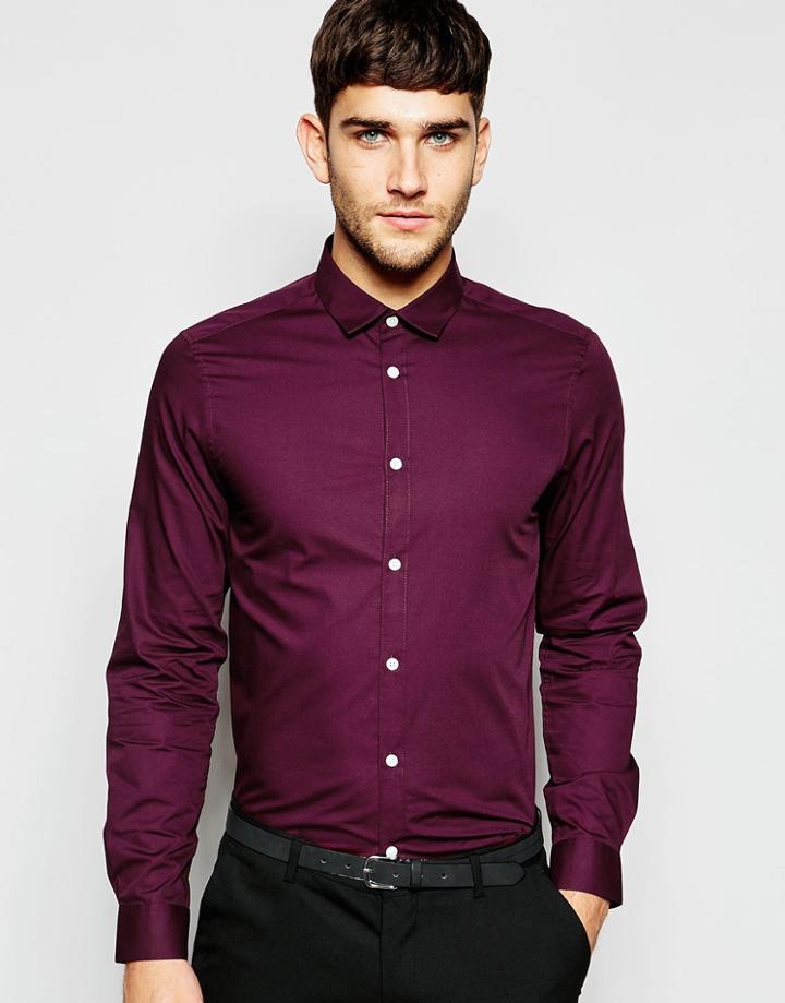 Asos Smart Shirt In Burgundy With Long Sleeve - Red
