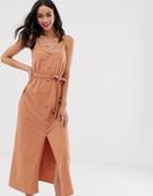 Asos Design Button Through Maxi Dress With Self Belt - Brown