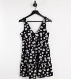 Asos Design Petite Button Up Smock Dress In Black Daisy Print