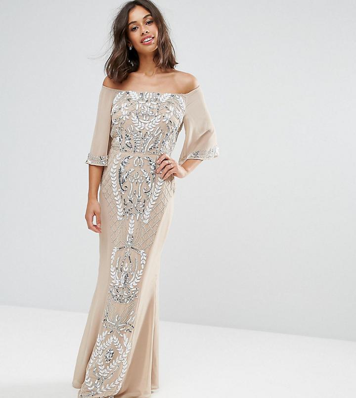 Maya Petite Allover Embellished Bandeau Maxi Dress With Fluted Sleeves - Pink