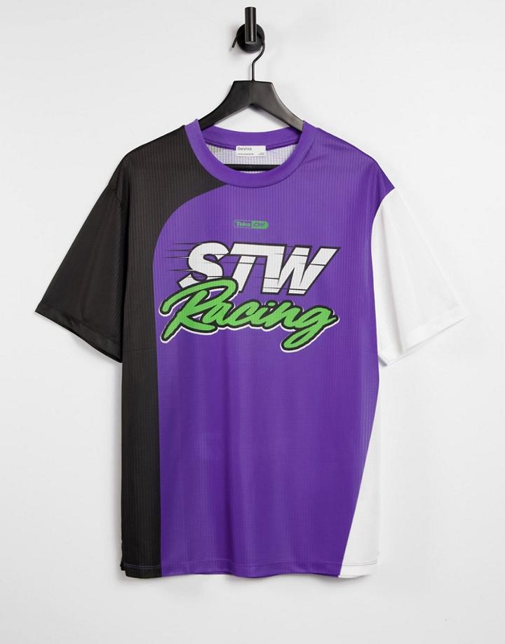 Bershka Racing Print T-shirt In Purple