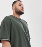 Asos Design Plus Pique Oversized T-shirt With Contrast Tipping In Khaki - Green