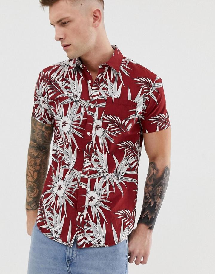Jack & Jones Essentials Floral Printed Short Sleeve Shirt In Red - Red