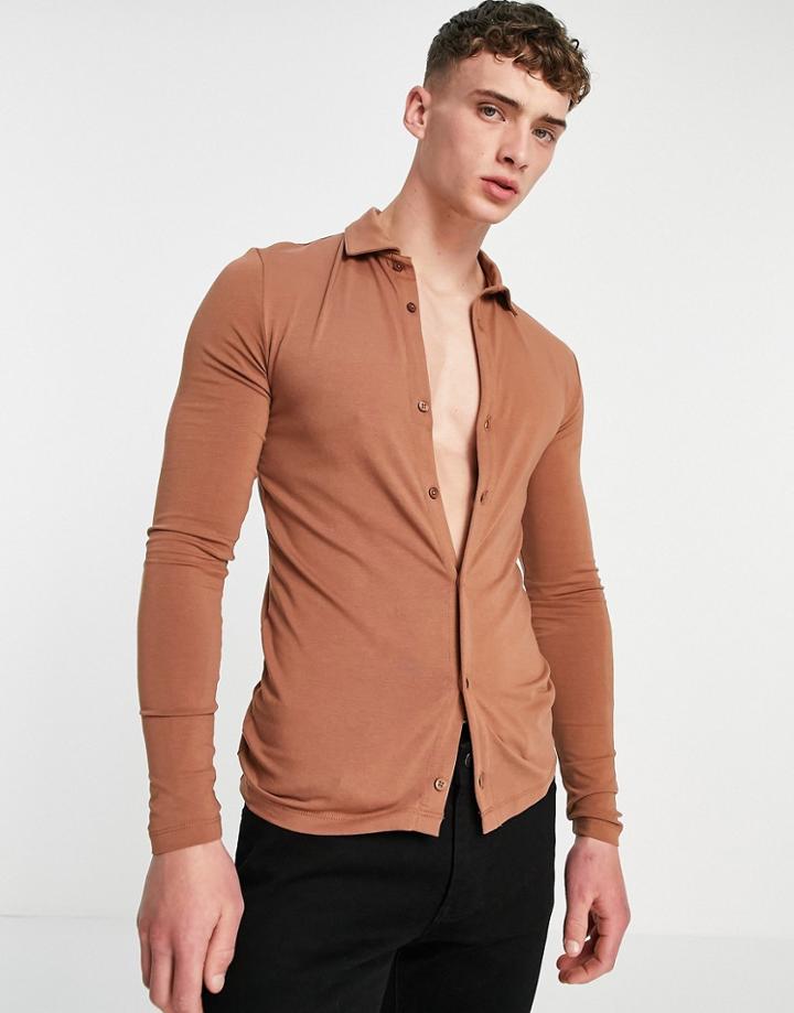 Asos Design Organic Long Sleeve Button Up Jersey Shirt In Brown