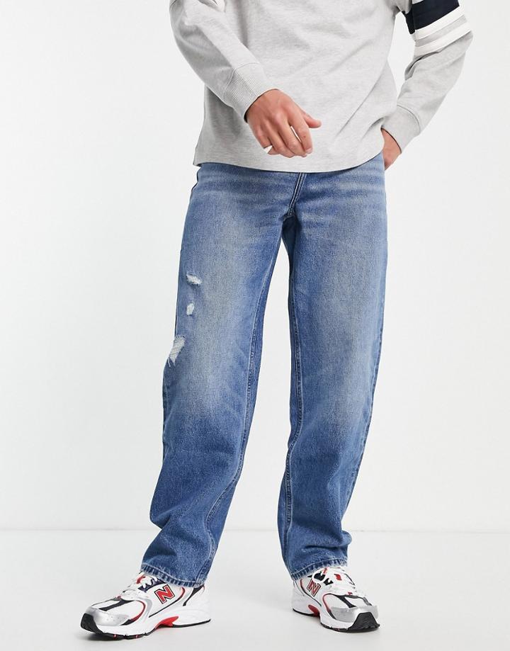 Asos Design Organic Cotton Blend Baggy Jeans In Mid Wash With Abrasions-blues