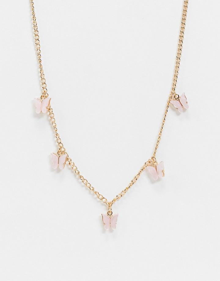 Asos Design Choker Necklace With Pink Butterfly Charms In Gold Tone