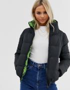 Brave Soul Winnie Reversible Neon Snake Print Puffer Jacket-green