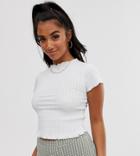 Asos Design Petite Crop Top In Pointelle With Lettuce Trim - White