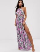 Asos Design Beach Maxi Dress In Pastel Neon Snake Print With Cut Out Rope Waist-multi