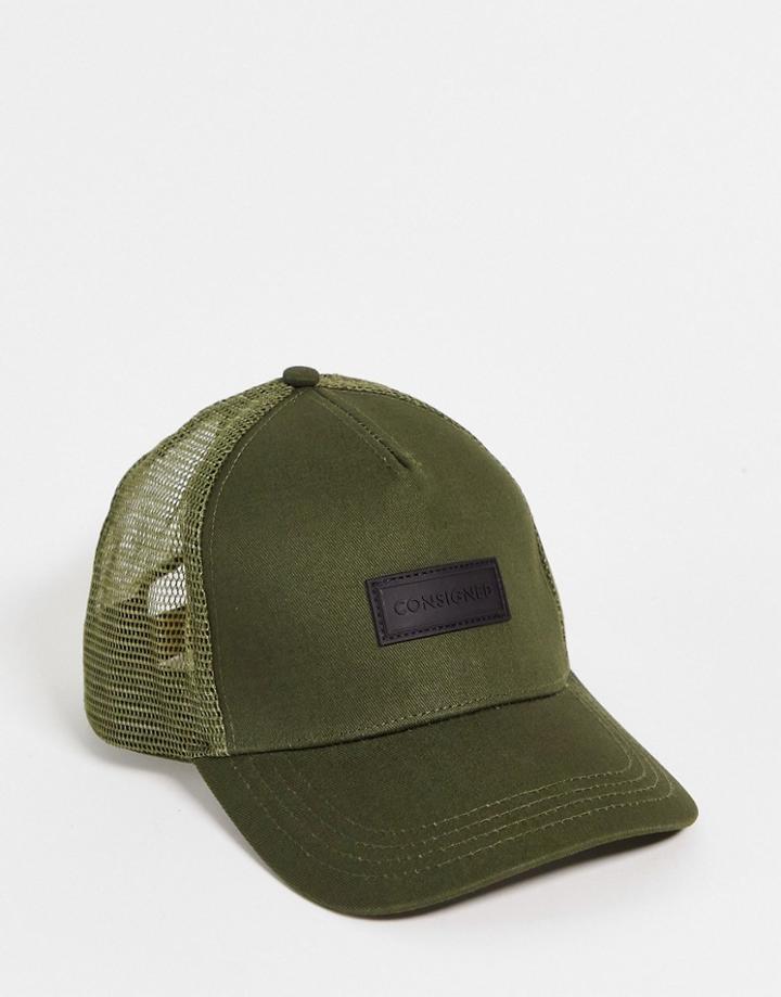 Consigned Mesh Trucker Cap In Khaki-green