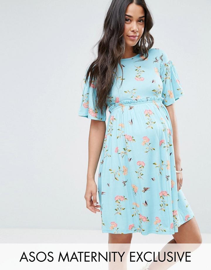 Asos Maternity Floral Trumpet Sleeve Dress - Green