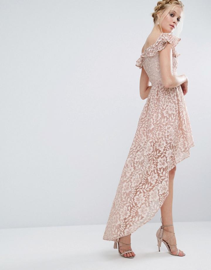 Chi Chi London Lace Asymmetric Off The Shoulder Dress With Frill Detai