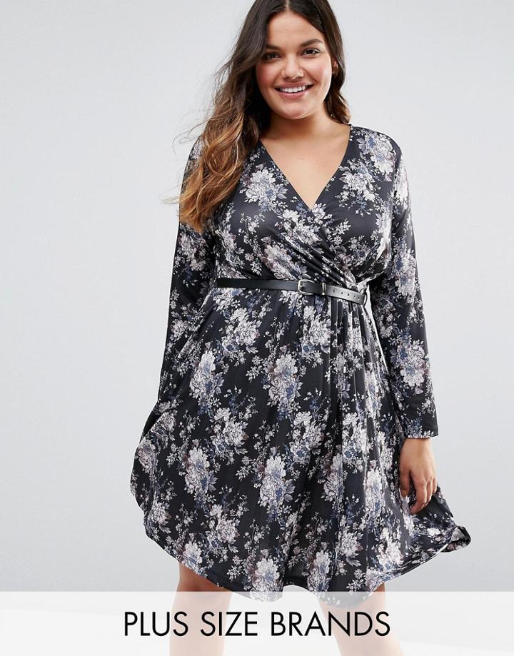 Praslin Plus Dress With Pleated Skirt And Belt In Floral Print - Black