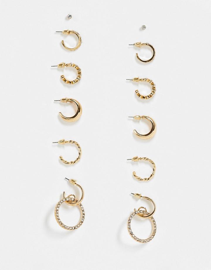 Asos Design Pack Of 6 Earrings With Mixed Crystal Designs In Gold Tone