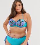 Simply Be Underwired Bikini Top With Removeable Halterneck In Blue Palm Print-multi
