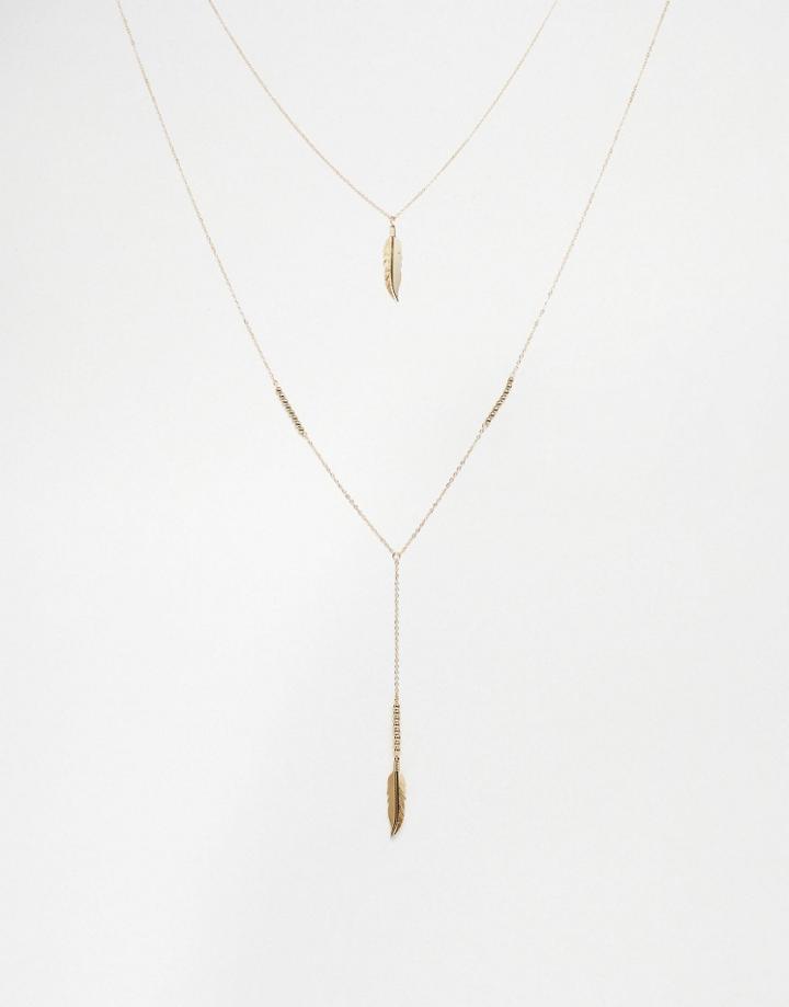 Asos Multirow Feather Necklace - Gold