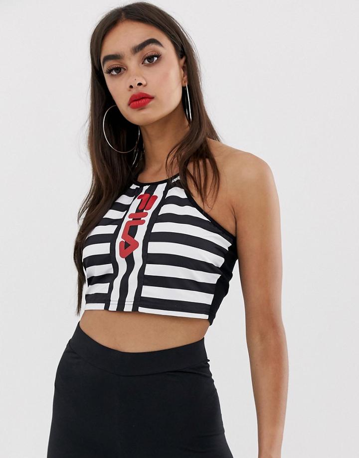 Fila Halterneck Crop Top With Front Logo In Stripe-black