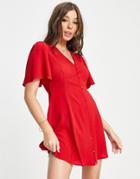 Asos Design Button Through Tie Back Mini Tea Dress With Angel Sleeve In Red
