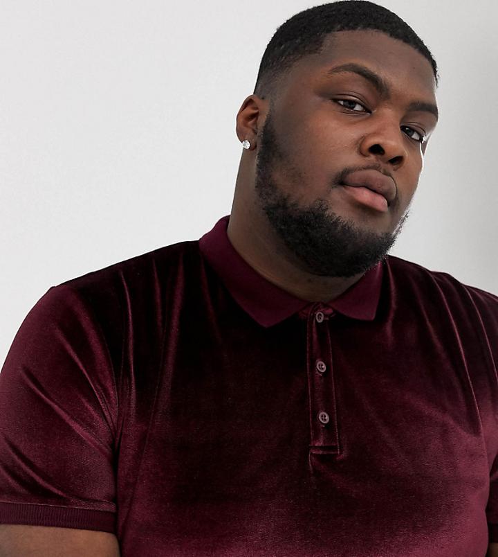 Asos Design Plus Polo Shirt In Velour In Burgundy - Red