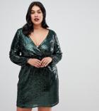 Outrageous Fortune Plus Sequin Wrap Front Long Sleeve Skater Dress In Emerald Green - Green