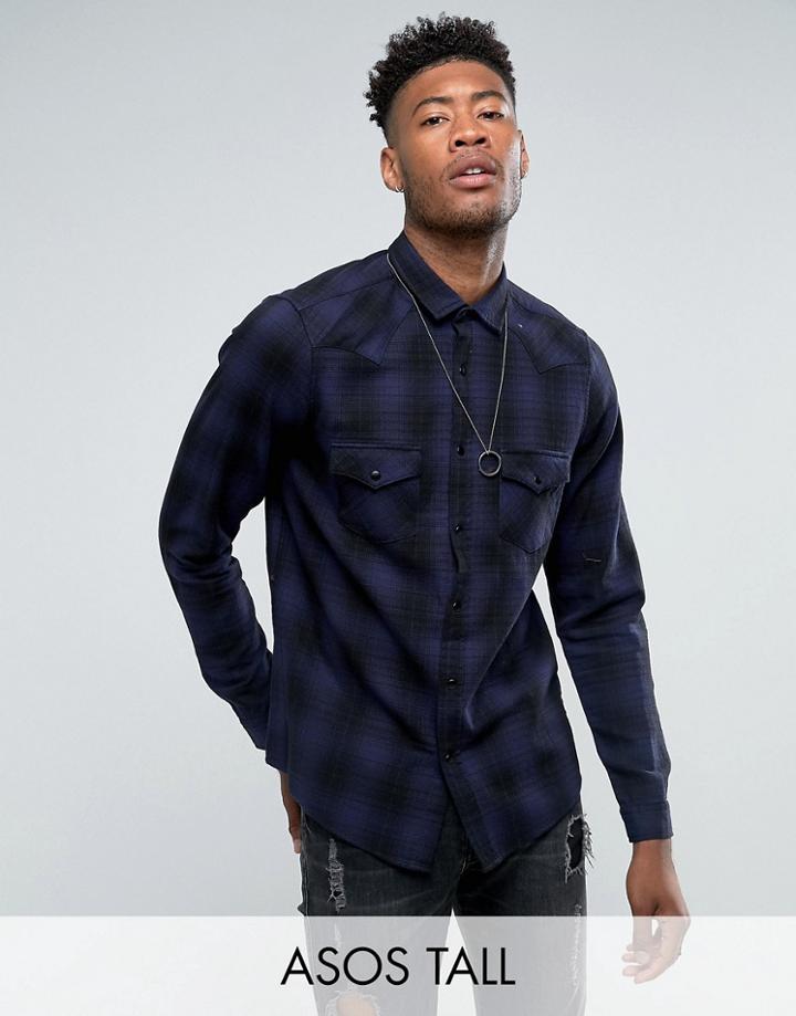 Asos Tall Regular Fit Western Check Shirt - Navy