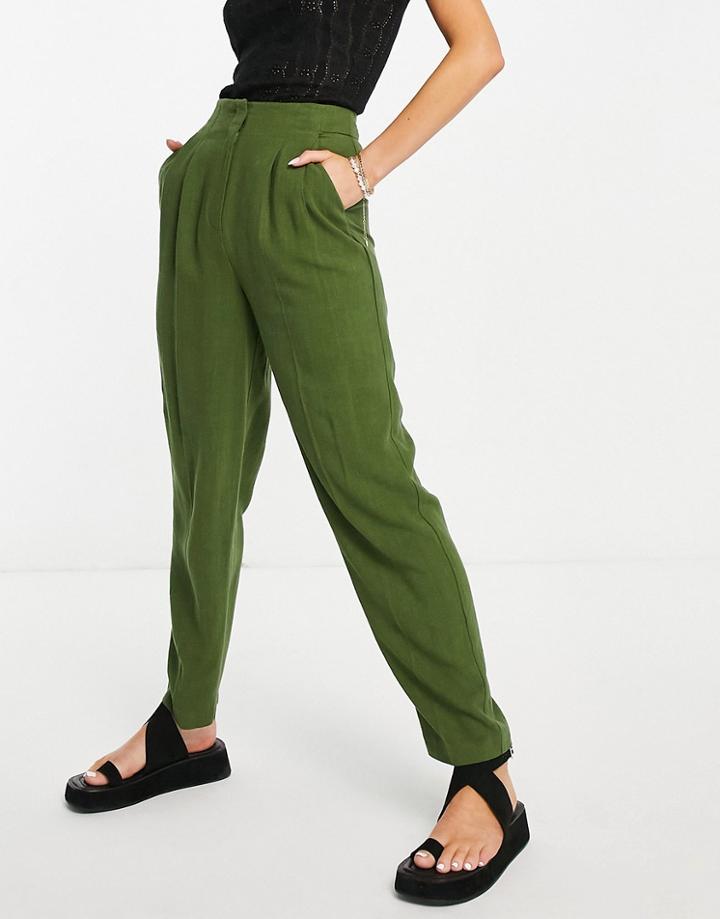 Asos Design Linen Soft Tapered Mom Pants In Khaki-green