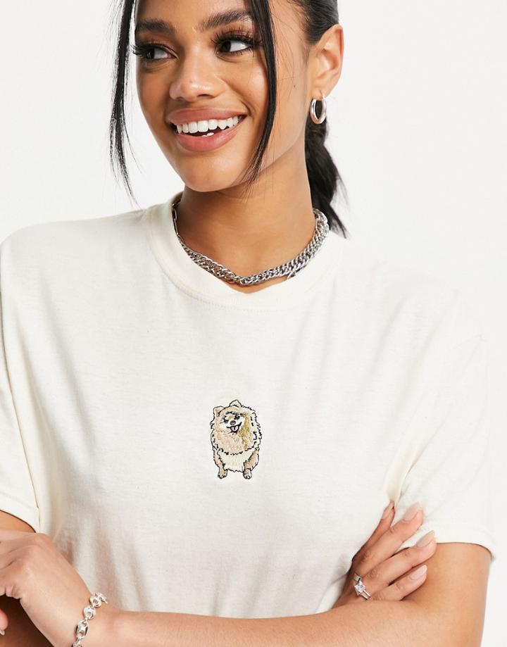 New Love Club Oversized T-shirt With Embroidered Fluffy Dog In Beige-neutral