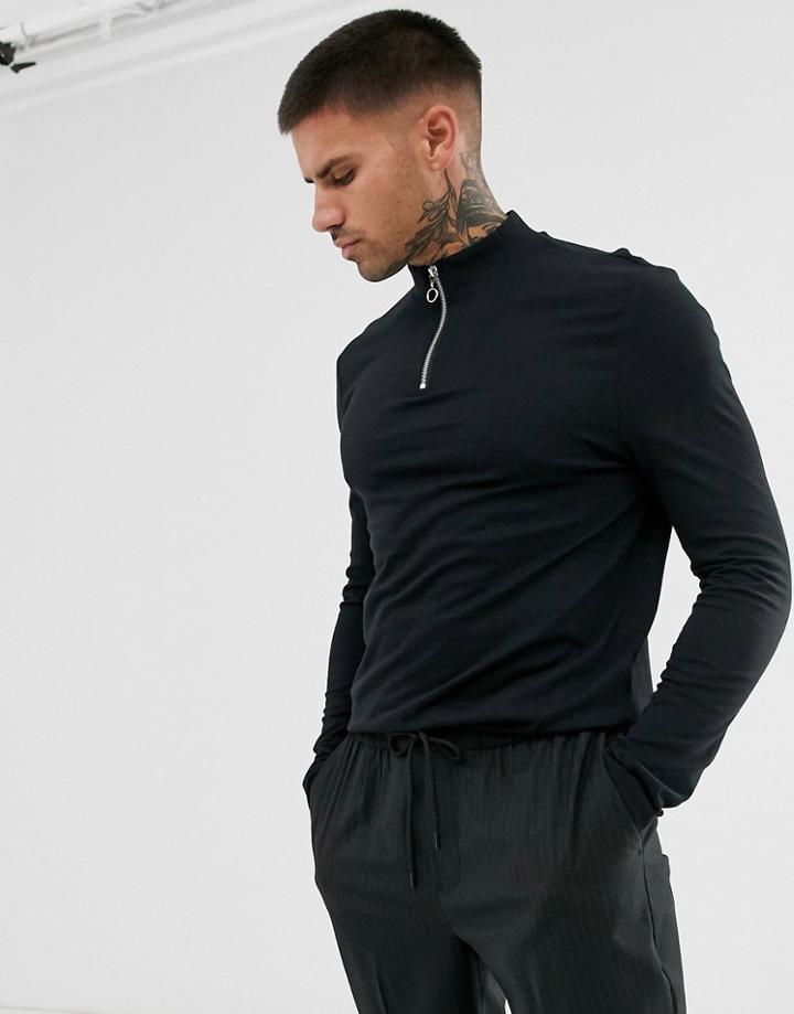 Asos Design Organic Long Sleeve T-shirt With Zip Turtleneck In Black