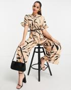 Asos Design Smock Frill Sleeve Jumpsuit In Abstract Animal Print With Belt-multi