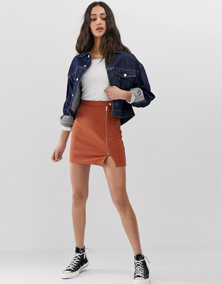 Asos Design Ponte Mini Skirt With Side Zip And Popper Waistband - Brown